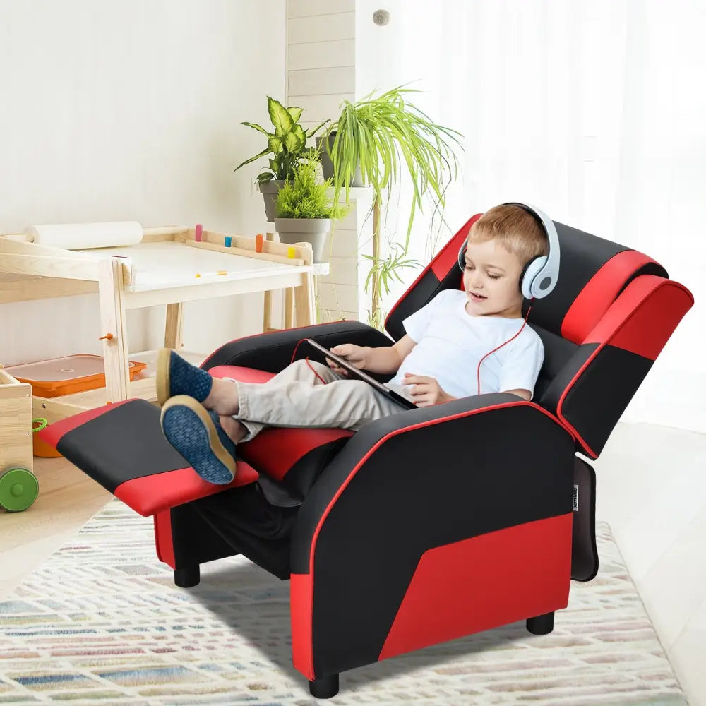 Kids Youth PU Leather Gaming Sofa Recliner with Headrest and Footrest-Red - Red - Kids Chairs & Seating