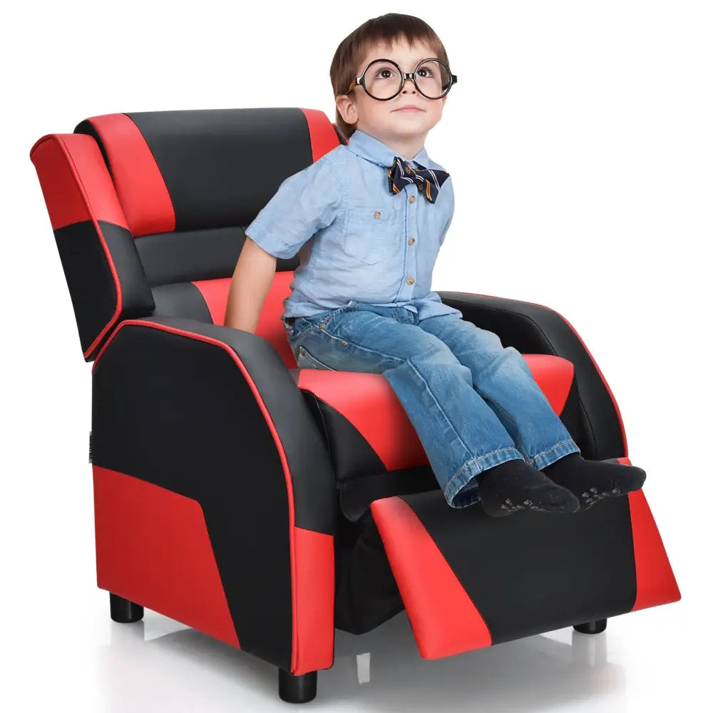 Kids Youth PU Leather Gaming Sofa Recliner with Headrest and Footrest-Red - Red - Kids Chairs & Seating