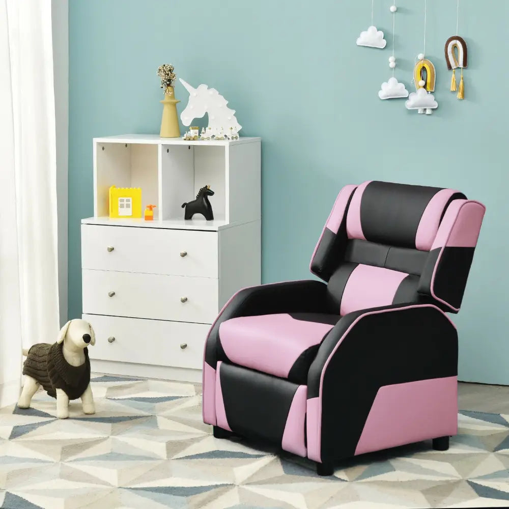 Kids Youth PU Leather Gaming Sofa Recliner with Headrest and Footrest-Pink - Pink - Kids Chairs & Seating