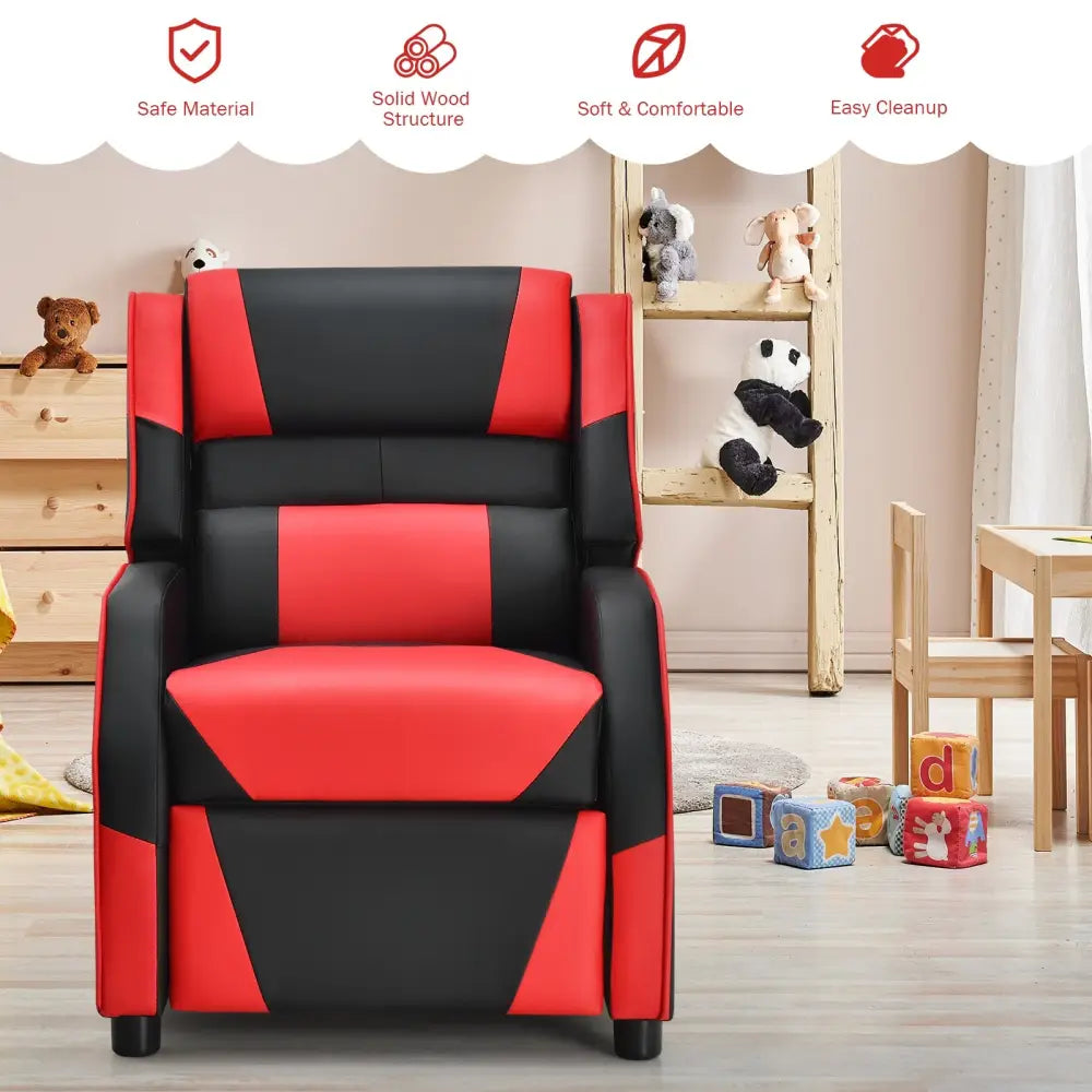 Kids Youth PU Leather Gaming Sofa Recliner with Headrest and Footrest-Red - Red - Kids Chairs & Seating