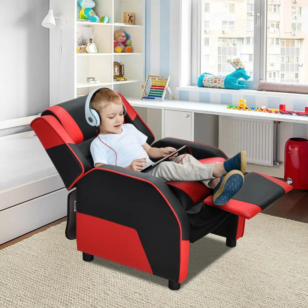 Kids Youth PU Leather Gaming Sofa Recliner with Headrest and Footrest-Red - Red - Kids Chairs & Seating
