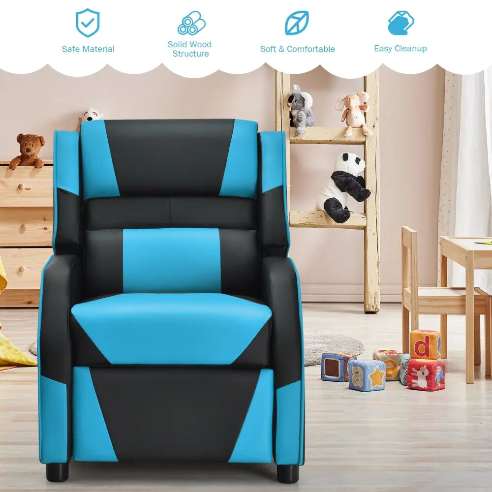 Kids Youth PU Leather Gaming Sofa Recliner with Headrest and Footrest-Blue - Blue - Kids Chairs & Seating