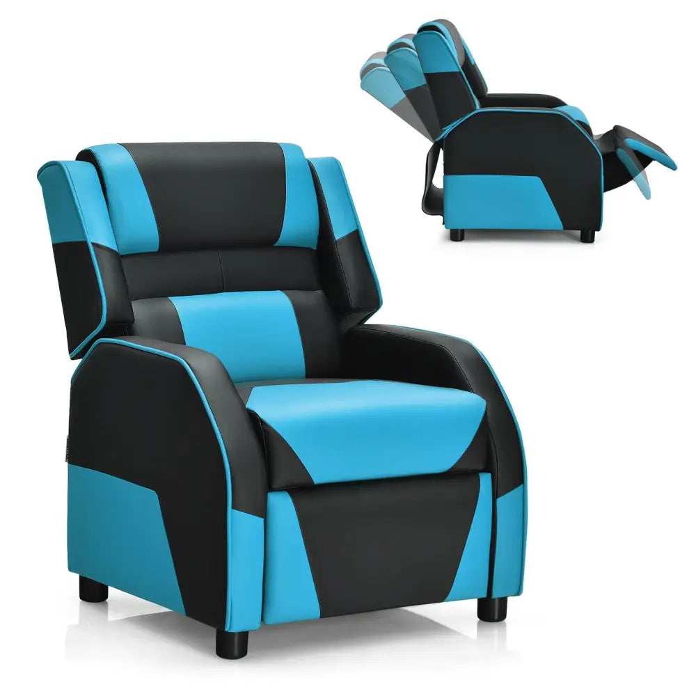Kids Youth PU Leather Gaming Sofa Recliner with Headrest and Footrest-Blue - Blue - Kids Chairs & Seating
