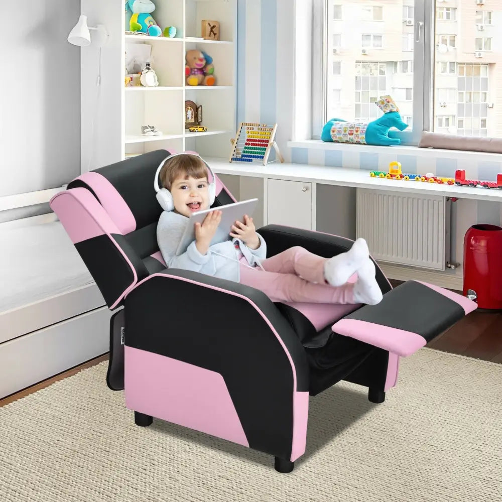Kids Youth PU Leather Gaming Sofa Recliner with Headrest and Footrest-Pink - Pink - Kids Chairs & Seating