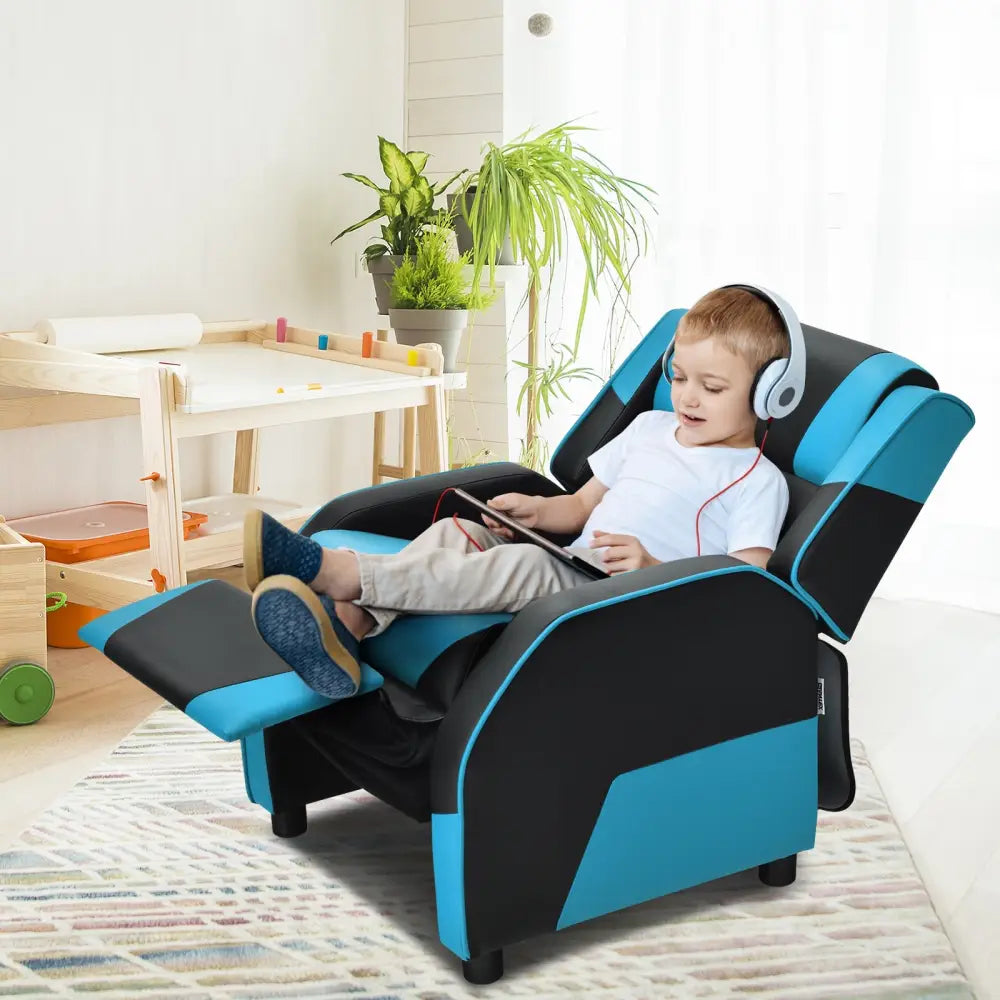 Kids Youth PU Leather Gaming Sofa Recliner with Headrest and Footrest-Blue - Blue - Kids Chairs & Seating
