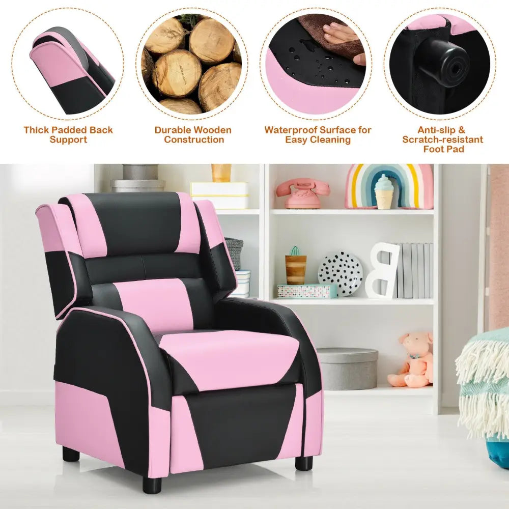 Kids Youth PU Leather Gaming Sofa Recliner with Headrest and Footrest-Pink - Pink - Kids Chairs & Seating
