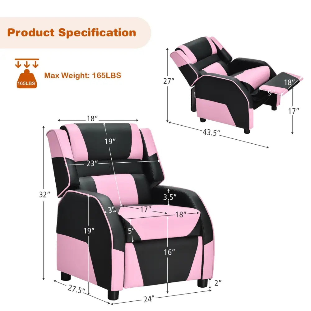 Kids Youth PU Leather Gaming Sofa Recliner with Headrest and Footrest-Pink - Pink - Kids Chairs & Seating