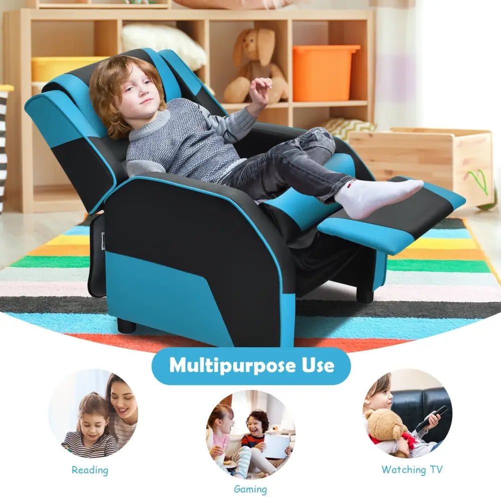 Kids Youth PU Leather Gaming Sofa Recliner with Headrest and Footrest-Blue - Blue - Kids Chairs & Seating
