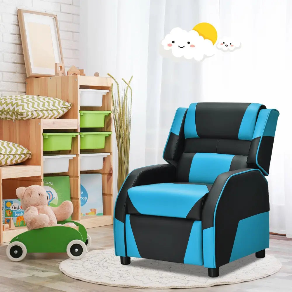 Kids Youth PU Leather Gaming Sofa Recliner with Headrest and Footrest-Blue - Blue - Kids Chairs & Seating