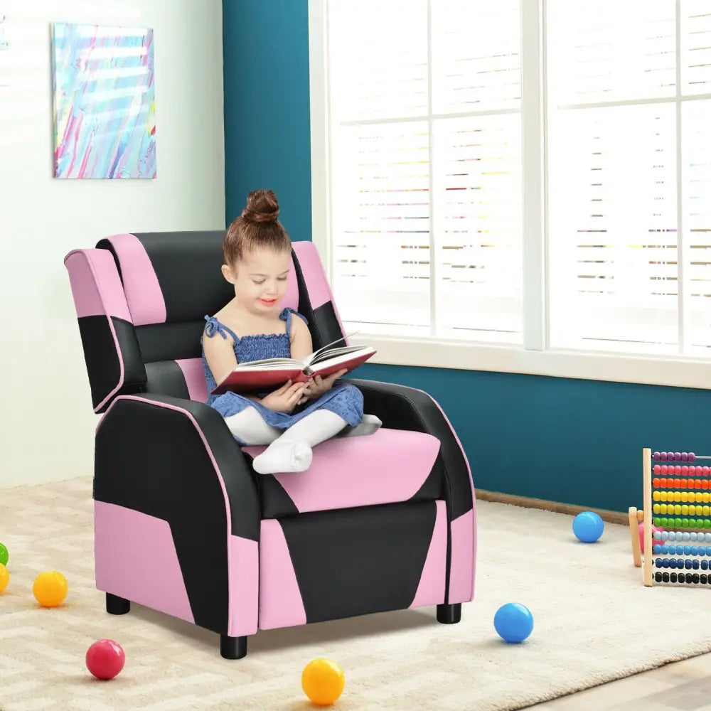 Kids Youth PU Leather Gaming Sofa Recliner with Headrest and Footrest-Pink - Pink - Kids Chairs & Seating