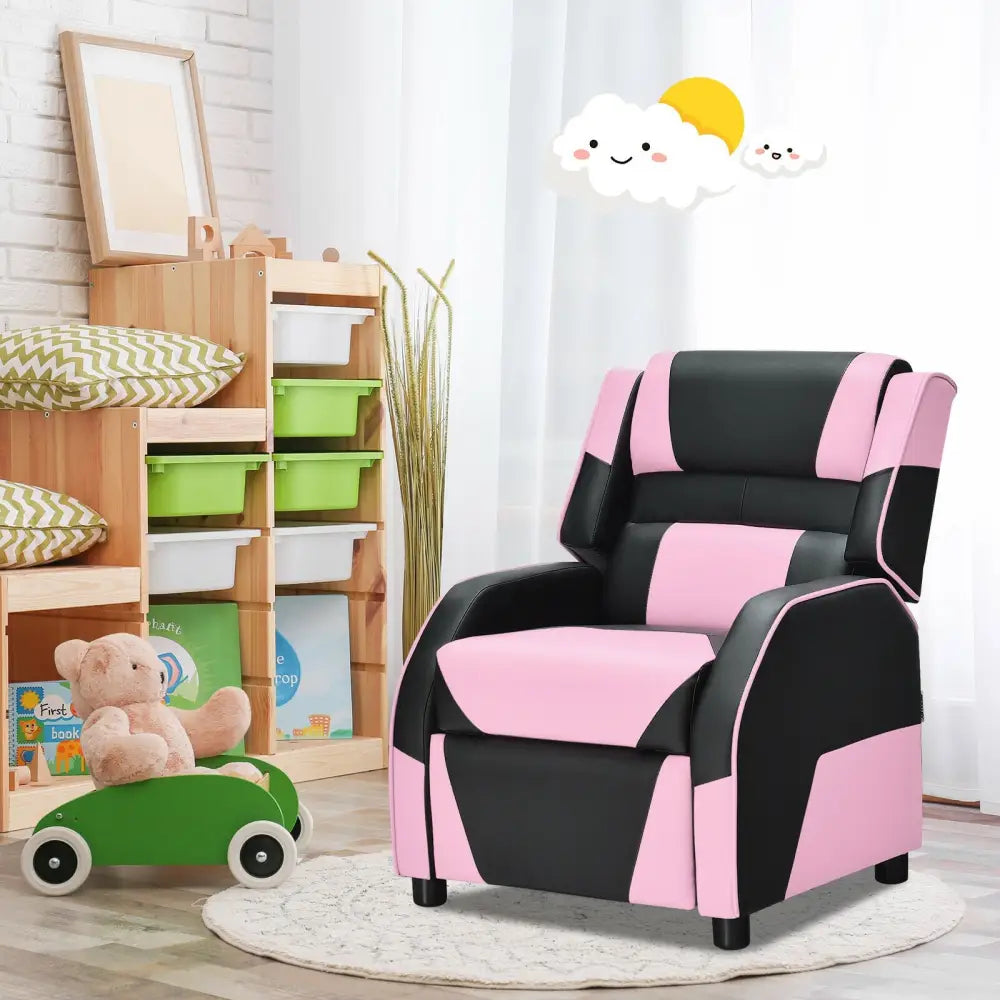 Kids Youth PU Leather Gaming Sofa Recliner with Headrest and Footrest-Pink - Pink - Kids Chairs & Seating
