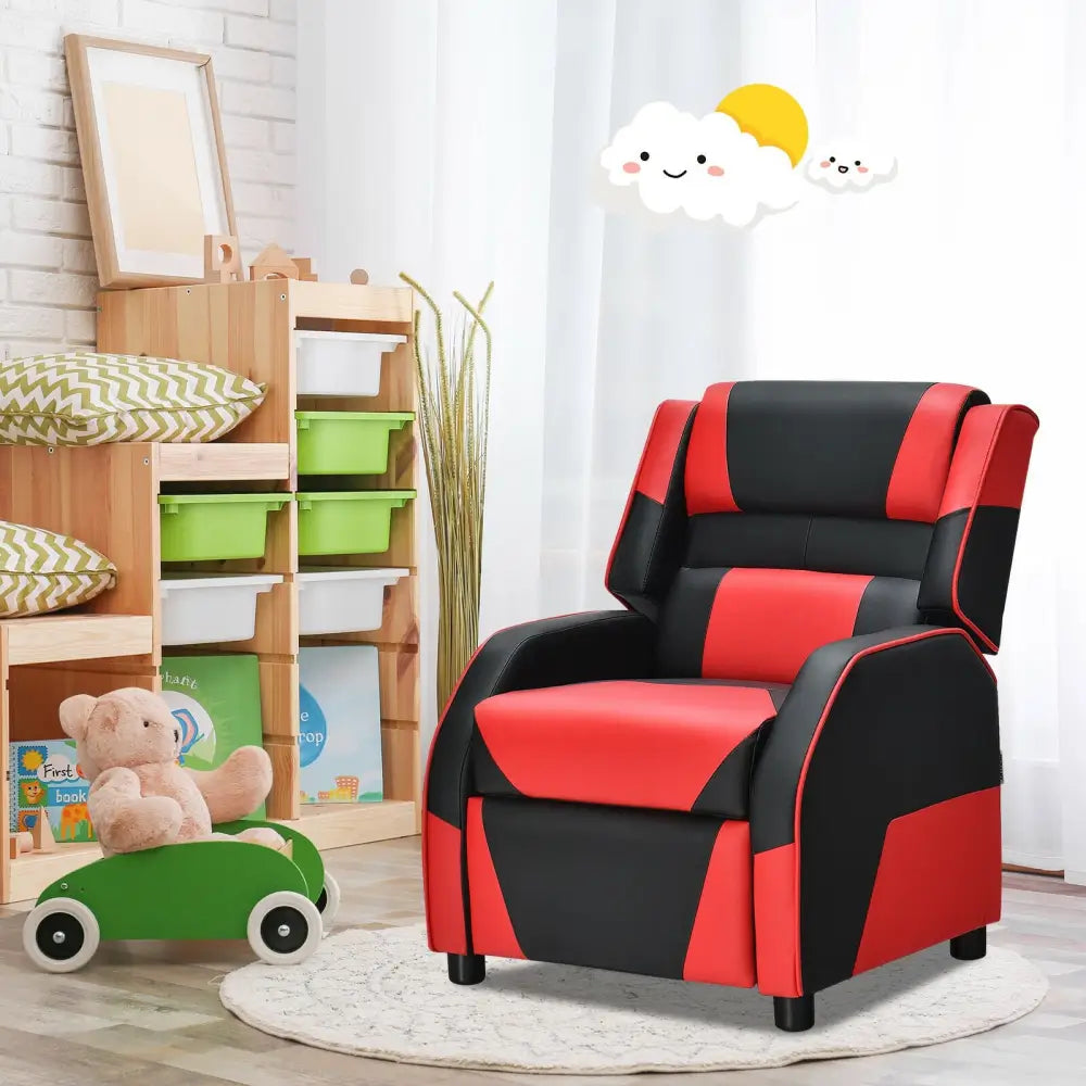 Kids Youth PU Leather Gaming Sofa Recliner with Headrest and Footrest-Red - Red - Kids Chairs & Seating