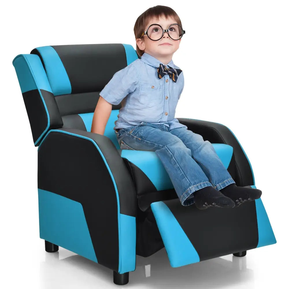 Kids Youth PU Leather Gaming Sofa Recliner with Headrest and Footrest-Blue - Blue - Kids Chairs & Seating