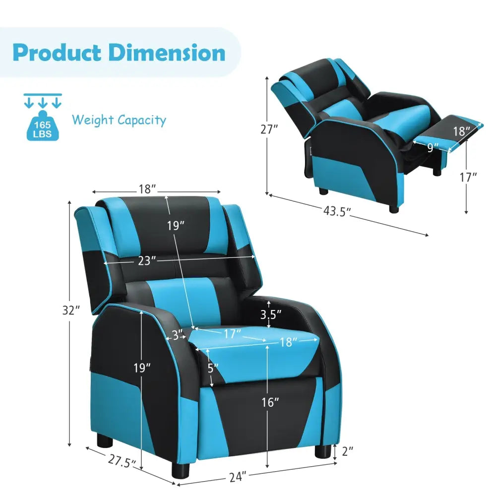 Kids Youth PU Leather Gaming Sofa Recliner with Headrest and Footrest-Blue - Blue - Kids Chairs & Seating