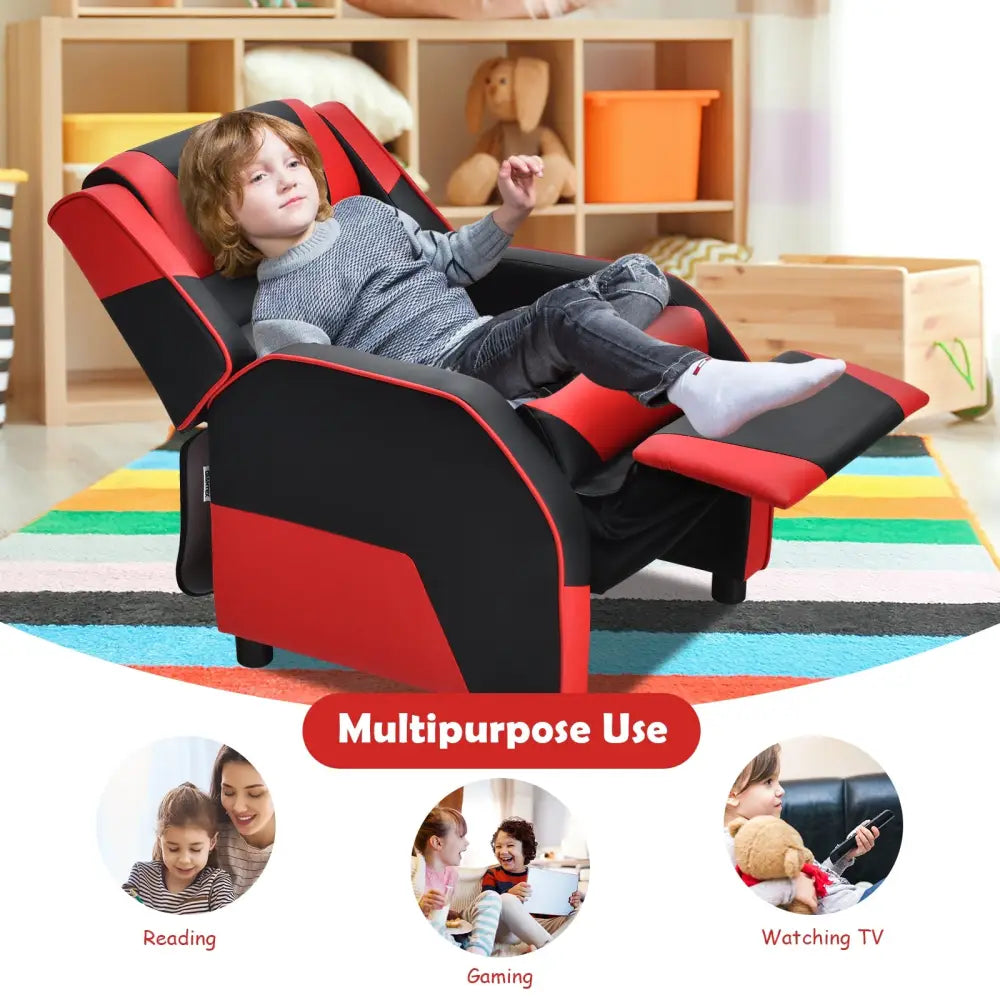 Kids Youth PU Leather Gaming Sofa Recliner with Headrest and Footrest-Red - Red - Kids Chairs & Seating
