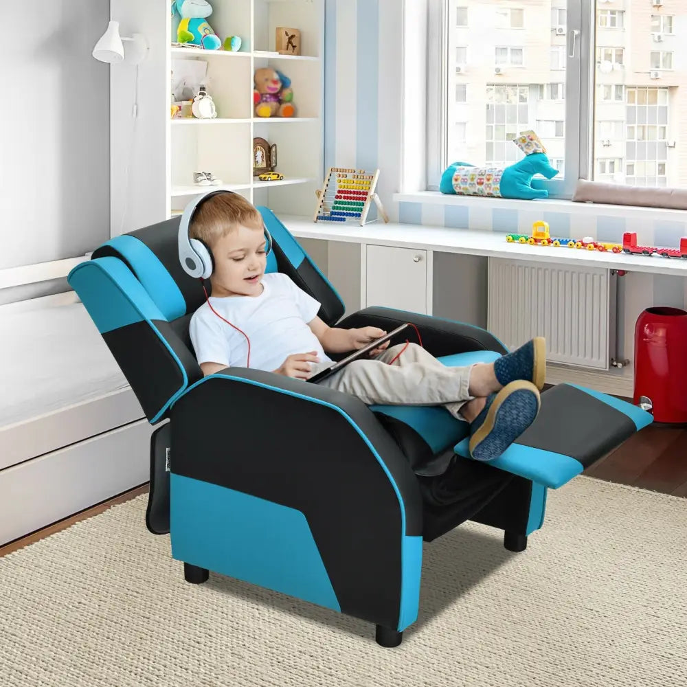 Kids Youth PU Leather Gaming Sofa Recliner with Headrest and Footrest-Blue - Blue - Kids Chairs & Seating