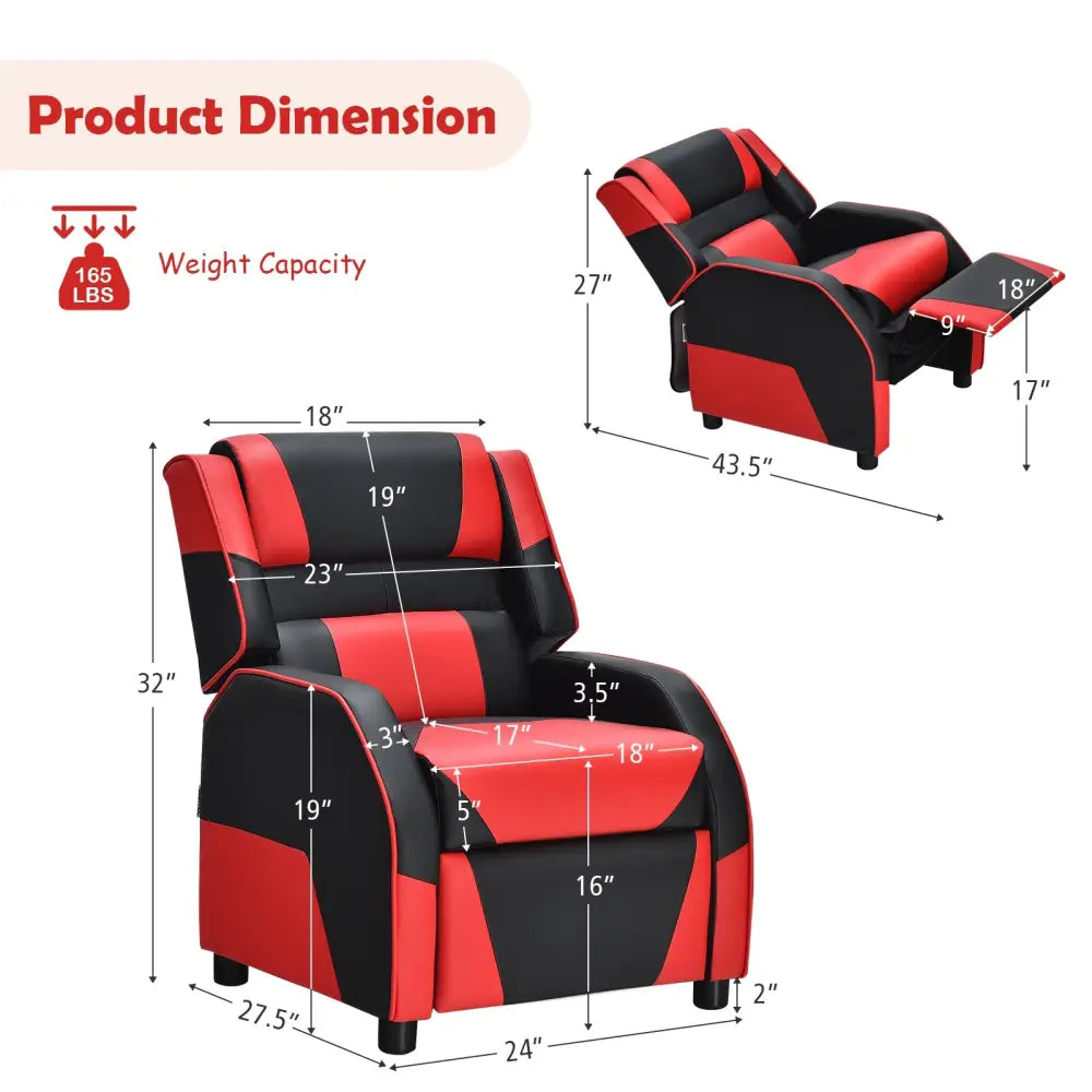 Kids Youth PU Leather Gaming Sofa Recliner with Headrest and Footrest-Red - Red - Kids Chairs & Seating