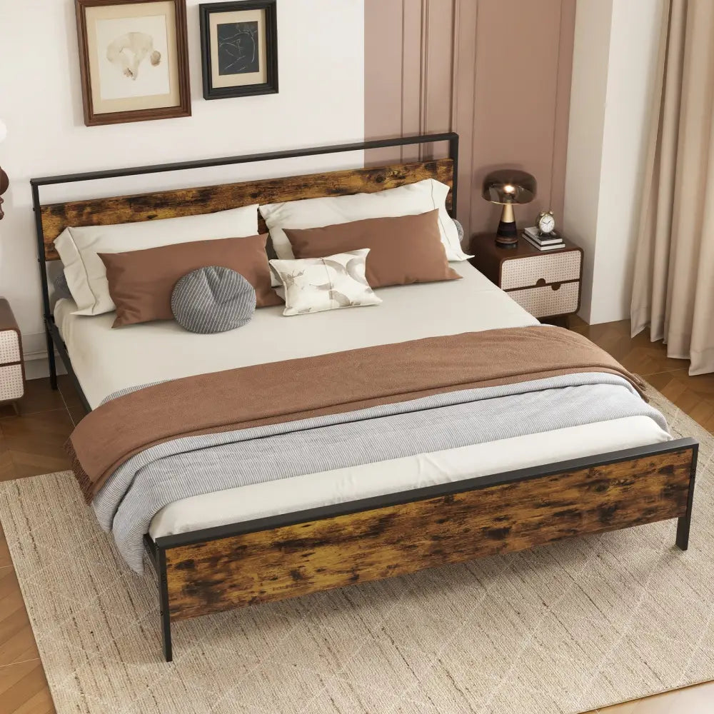 King Metal Bed Frame Industrial Platform Bed with Wooden Headboard-King Size - Rustic Brown - Simple Bed Frame