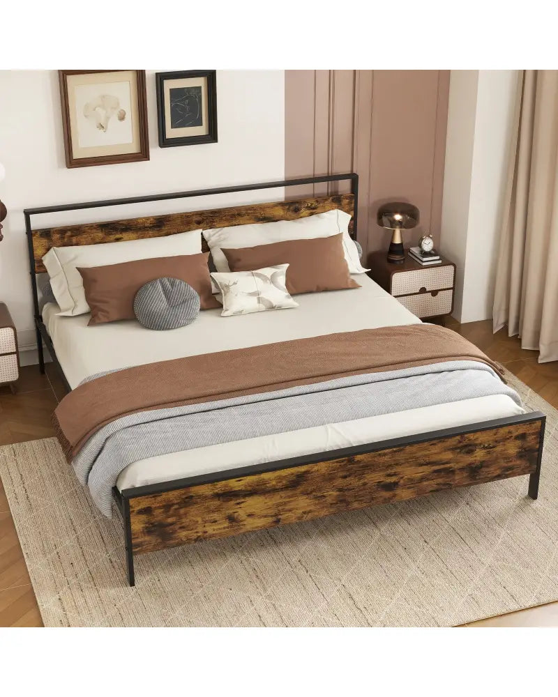 King Metal Bed Frame Industrial Platform Bed with Wooden Headboard-King Size - Rustic Brown - Simple Bed Frame