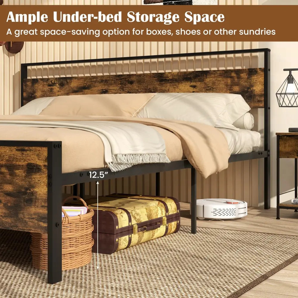King Metal Bed Frame Industrial Platform Bed with Wooden Headboard-King Size - Rustic Brown - Simple Bed Frame