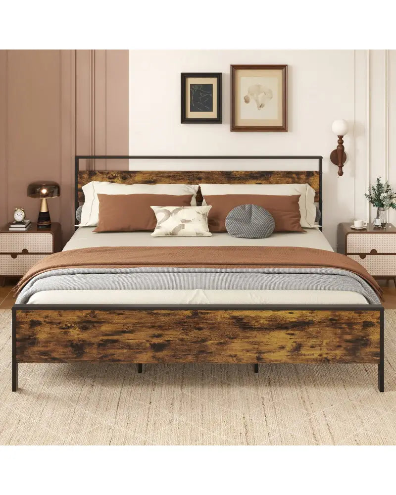 King Metal Bed Frame Industrial Platform Bed with Wooden Headboard-King Size - Rustic Brown - Simple Bed Frame