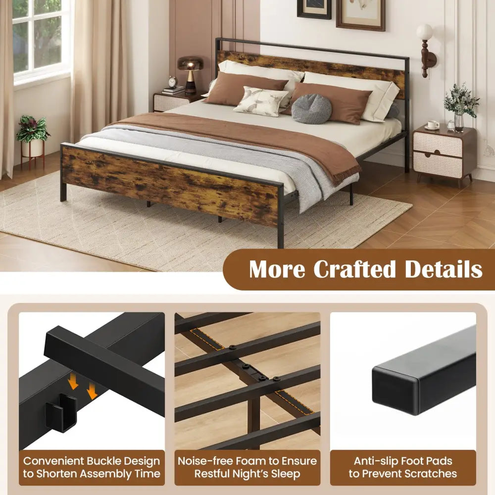 King Metal Bed Frame Industrial Platform Bed with Wooden Headboard-King Size - Rustic Brown - Simple Bed Frame