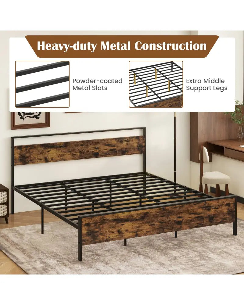 King Metal Bed Frame Industrial Platform Bed with Wooden Headboard-King Size - Rustic Brown - Simple Bed Frame
