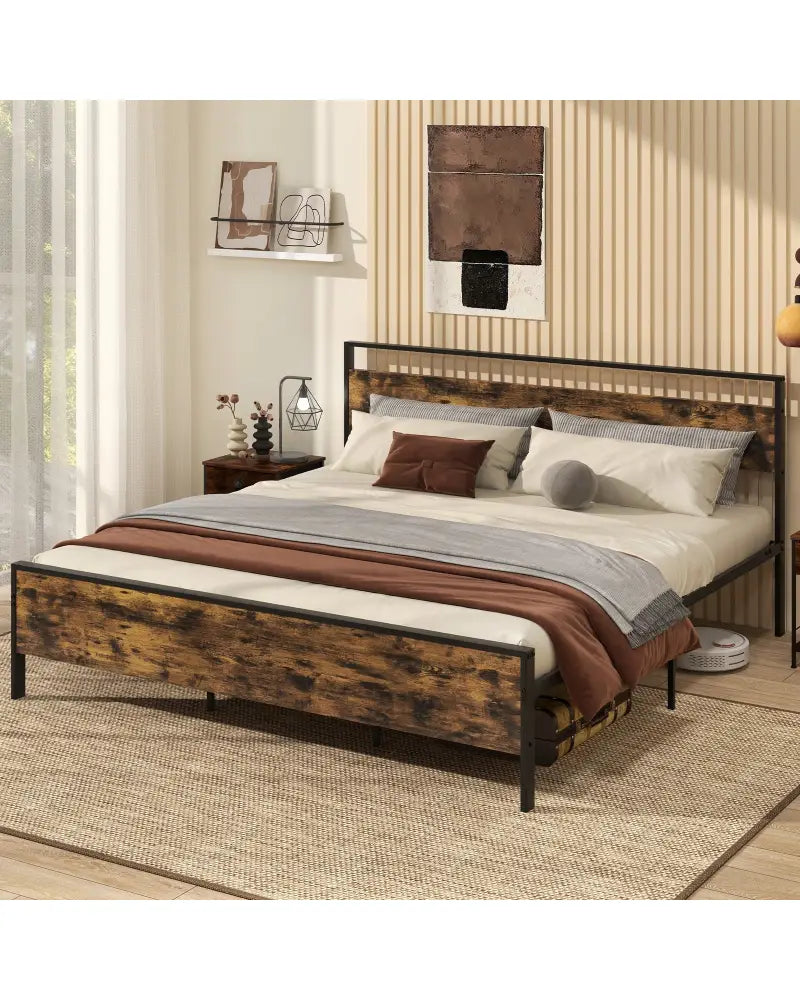 King Metal Bed Frame Industrial Platform Bed with Wooden Headboard-King Size - Rustic Brown - Simple Bed Frame