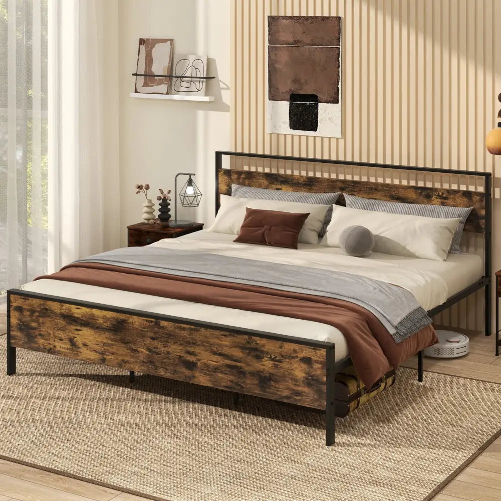 King Metal Bed Frame Industrial Platform Bed with Wooden Headboard-King Size - Rustic Brown - Simple Bed Frame