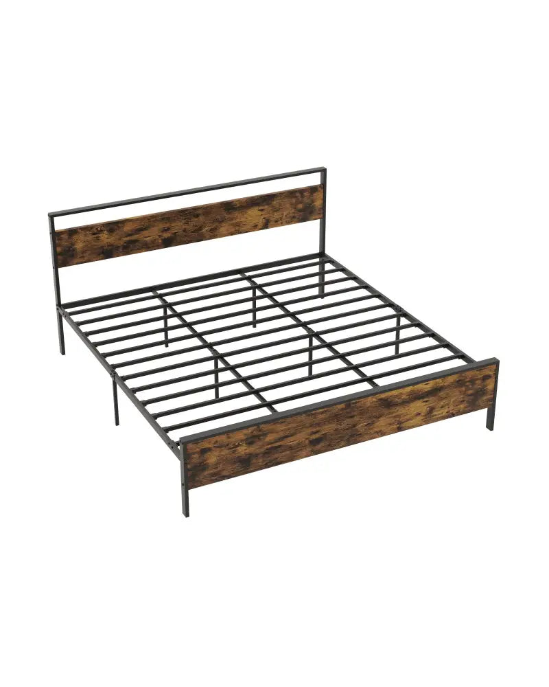 King Metal Bed Frame Industrial Platform Bed with Wooden Headboard-King Size - Rustic Brown - Simple Bed Frame