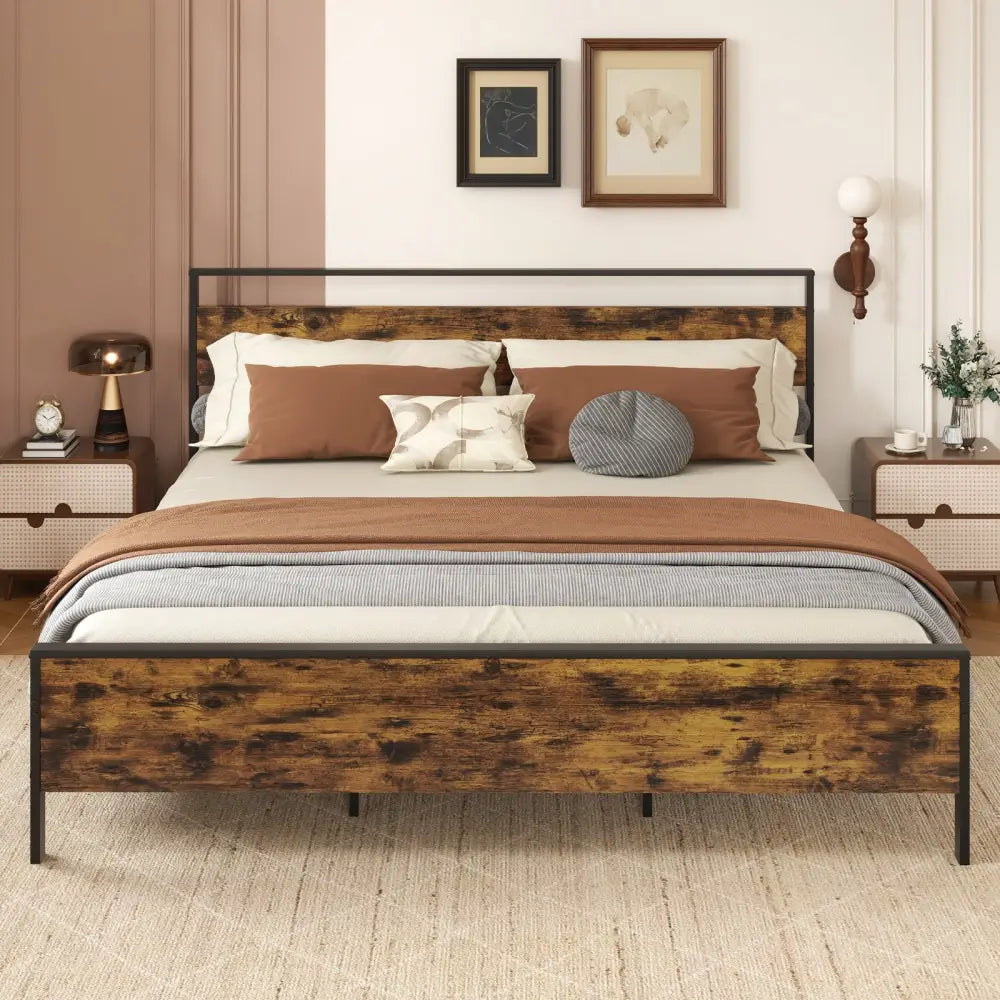 King Metal Bed Frame Industrial Platform Bed with Wooden Headboard-King Size - Rustic Brown - Simple Bed Frame