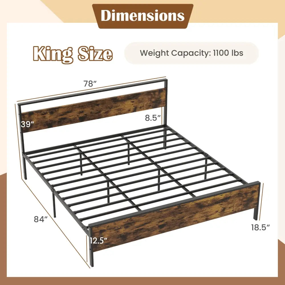 King Metal Bed Frame Industrial Platform Bed with Wooden Headboard-King Size - Rustic Brown - Simple Bed Frame