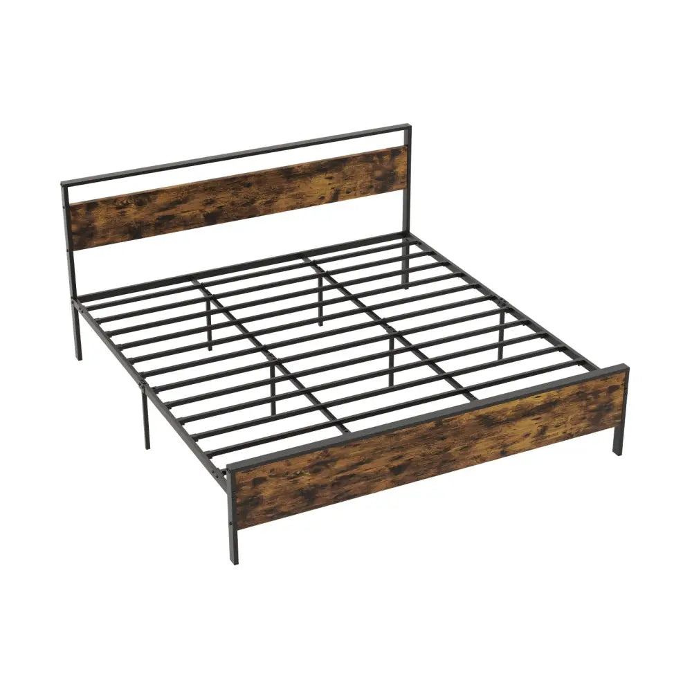King Metal Bed Frame Industrial Platform Bed with Wooden Headboard-King Size - Rustic Brown - Simple Bed Frame