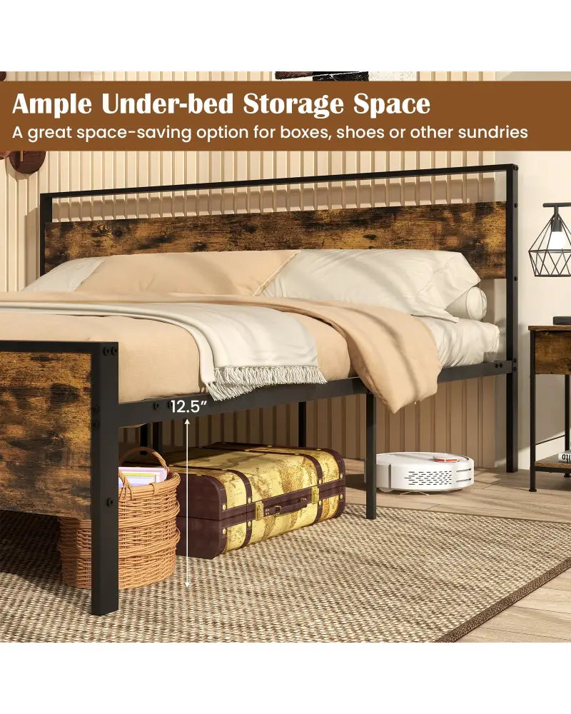 King Metal Bed Frame Industrial Platform Bed with Wooden Headboard-King Size - Rustic Brown - Simple Bed Frame