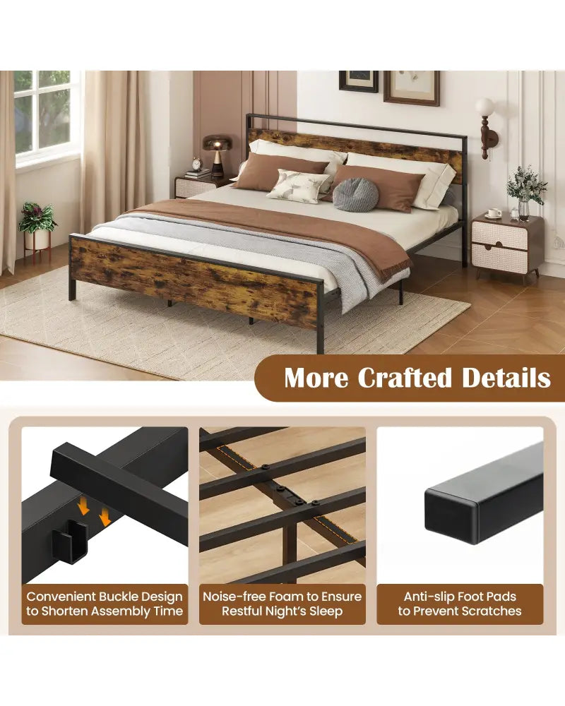 King Metal Bed Frame Industrial Platform Bed with Wooden Headboard-King Size - Rustic Brown - Simple Bed Frame