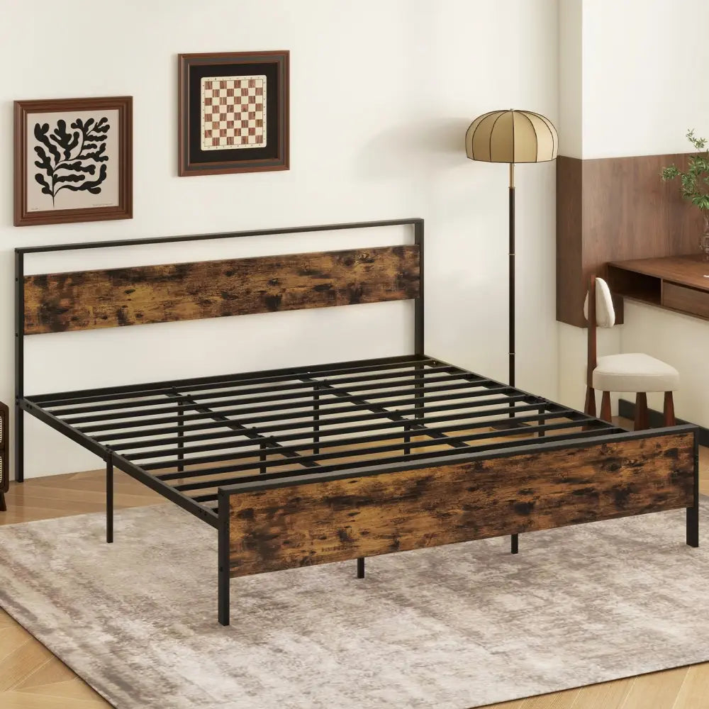 King Metal Bed Frame Industrial Platform Bed with Wooden Headboard-King Size - Rustic Brown - Simple Bed Frame