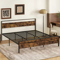 King Metal Bed Frame Industrial Platform Bed with Wooden Headboard-King Size - Rustic Brown - Simple Bed Frame