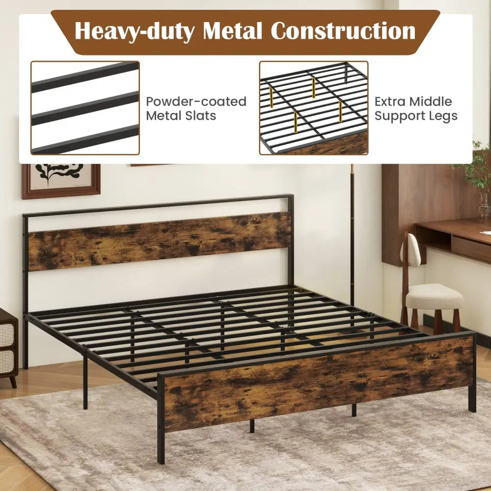 King Metal Bed Frame Industrial Platform Bed with Wooden Headboard-King Size - Rustic Brown - Simple Bed Frame