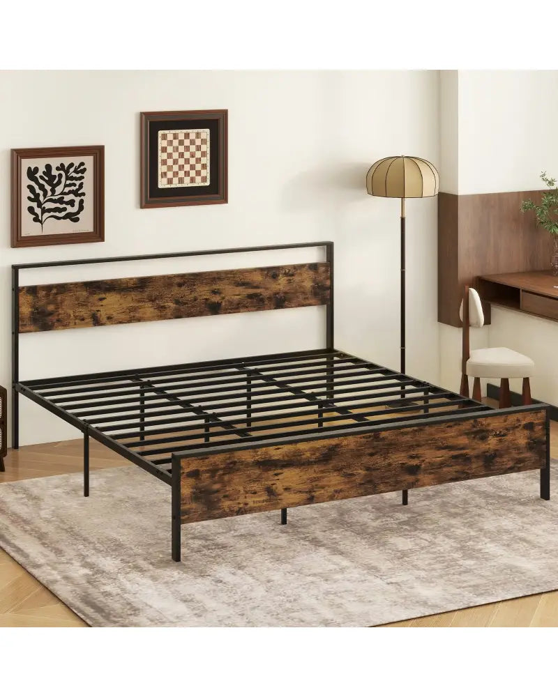 King Metal Bed Frame Industrial Platform Bed with Wooden Headboard-King Size - Rustic Brown - Simple Bed Frame