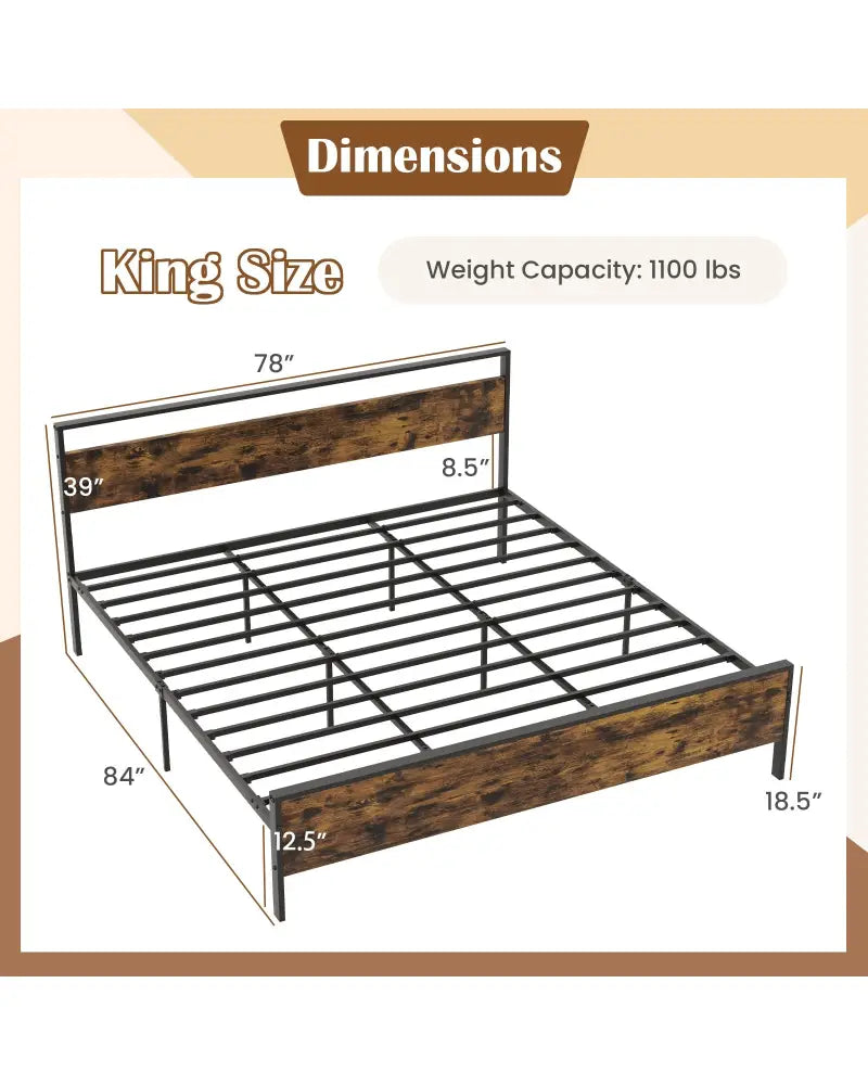 King Metal Bed Frame Industrial Platform Bed with Wooden Headboard-King Size - Rustic Brown - Simple Bed Frame