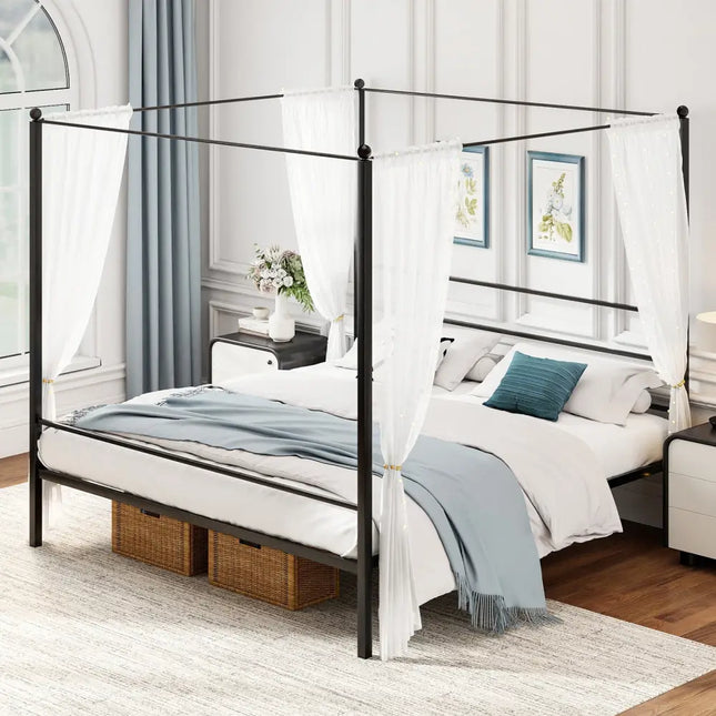 King Size Metal Canopy Bed Frame with Slat Support - Black - Simple Bed Frame
