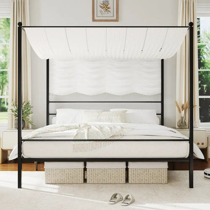 King Size Metal Canopy Bed Frame with Slat Support - Black - Simple Bed Frame
