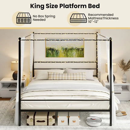 King Size Metal Canopy Bed Frame with Slat Support - Black - Simple Bed Frame
