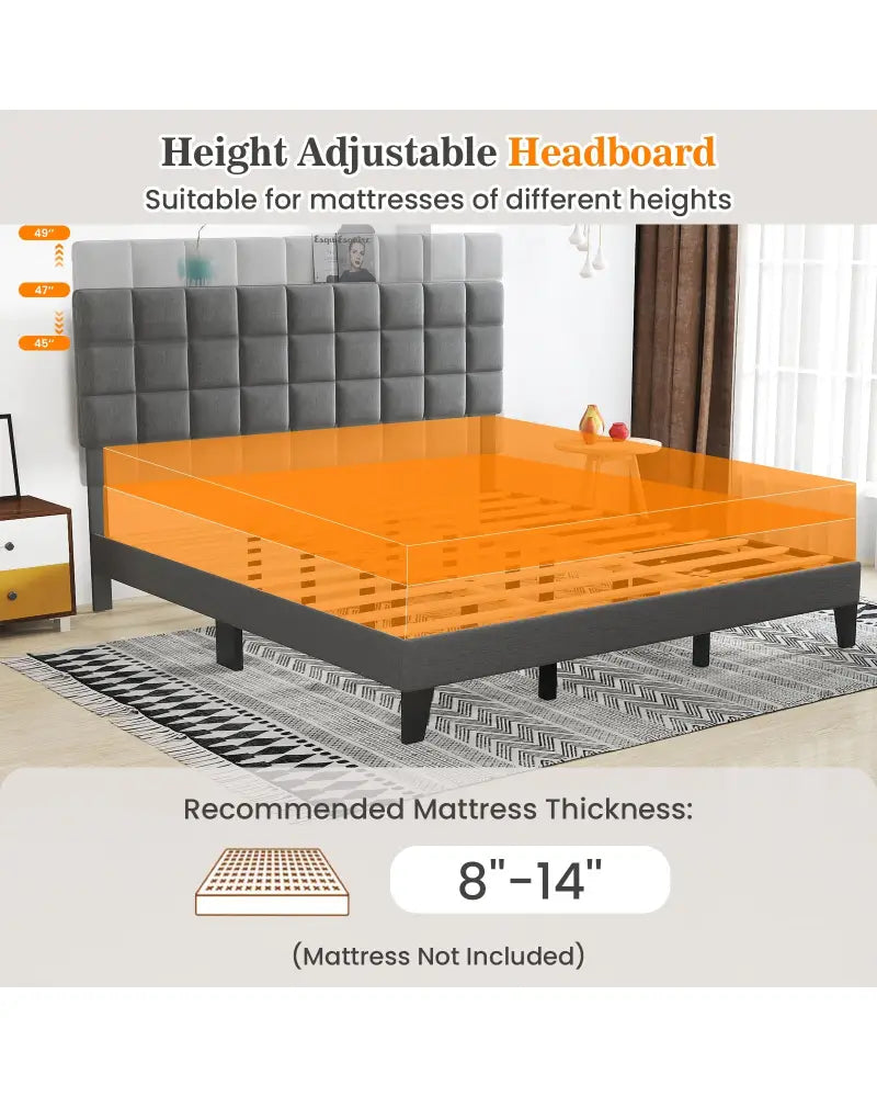 King Size Modern Linen Bed Frame with Adjustable Headboard-Gray - Gray - Simple Bed Frame