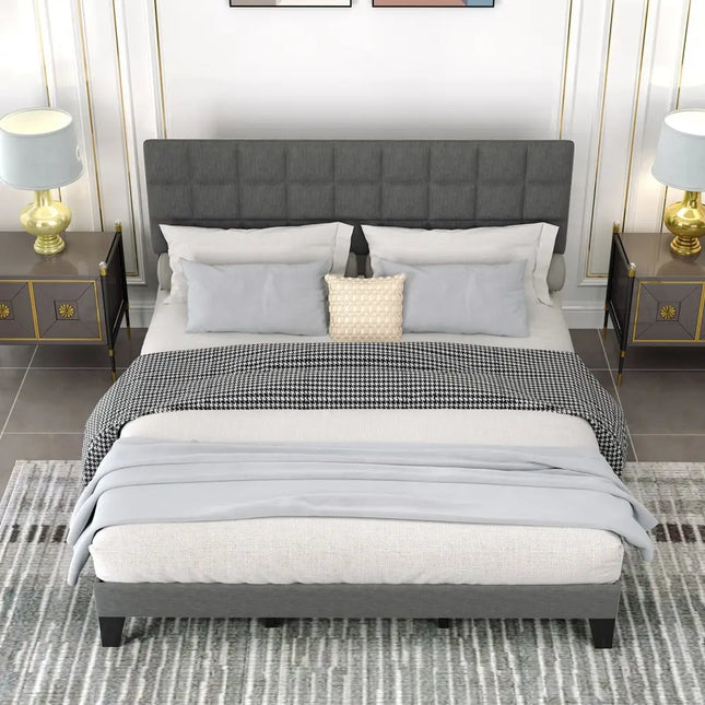 King Size Modern Linen Bed Frame with Adjustable Headboard-Gray - Gray - Simple Bed Frame