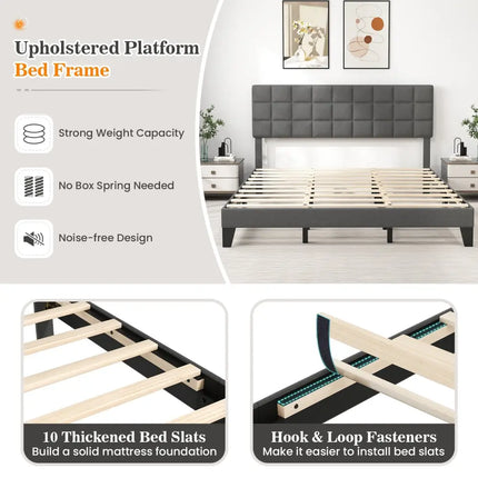 King Size Modern Linen Bed Frame with Adjustable Headboard-Gray - Gray - Simple Bed Frame