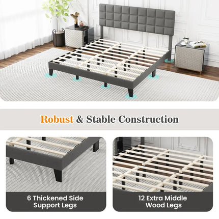 King Size Modern Linen Bed Frame with Adjustable Headboard-Gray - Gray - Simple Bed Frame