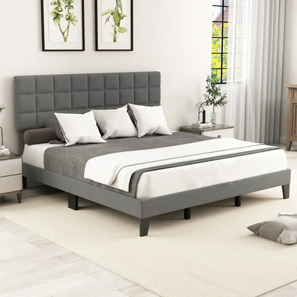 King Size Modern Linen Bed Frame with Adjustable Headboard-Gray - Gray - Simple Bed Frame