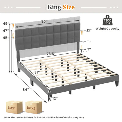 King Size Modern Linen Bed Frame with Adjustable Headboard-Gray - Gray - Simple Bed Frame