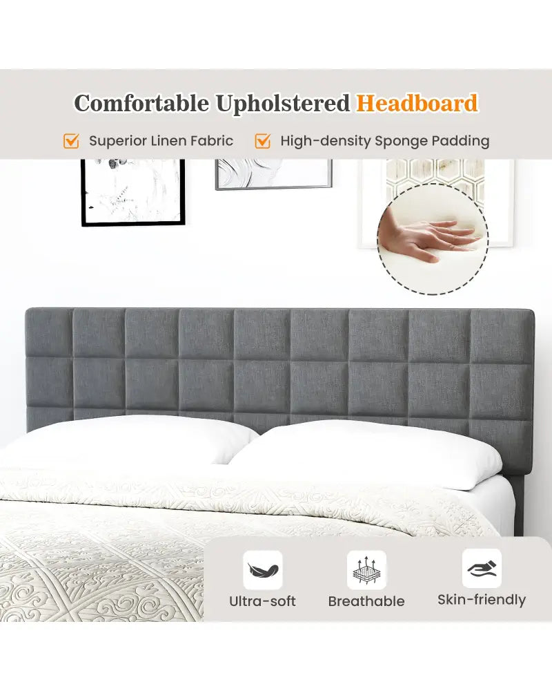 King Size Modern Linen Bed Frame with Adjustable Headboard-Gray - Gray - Simple Bed Frame